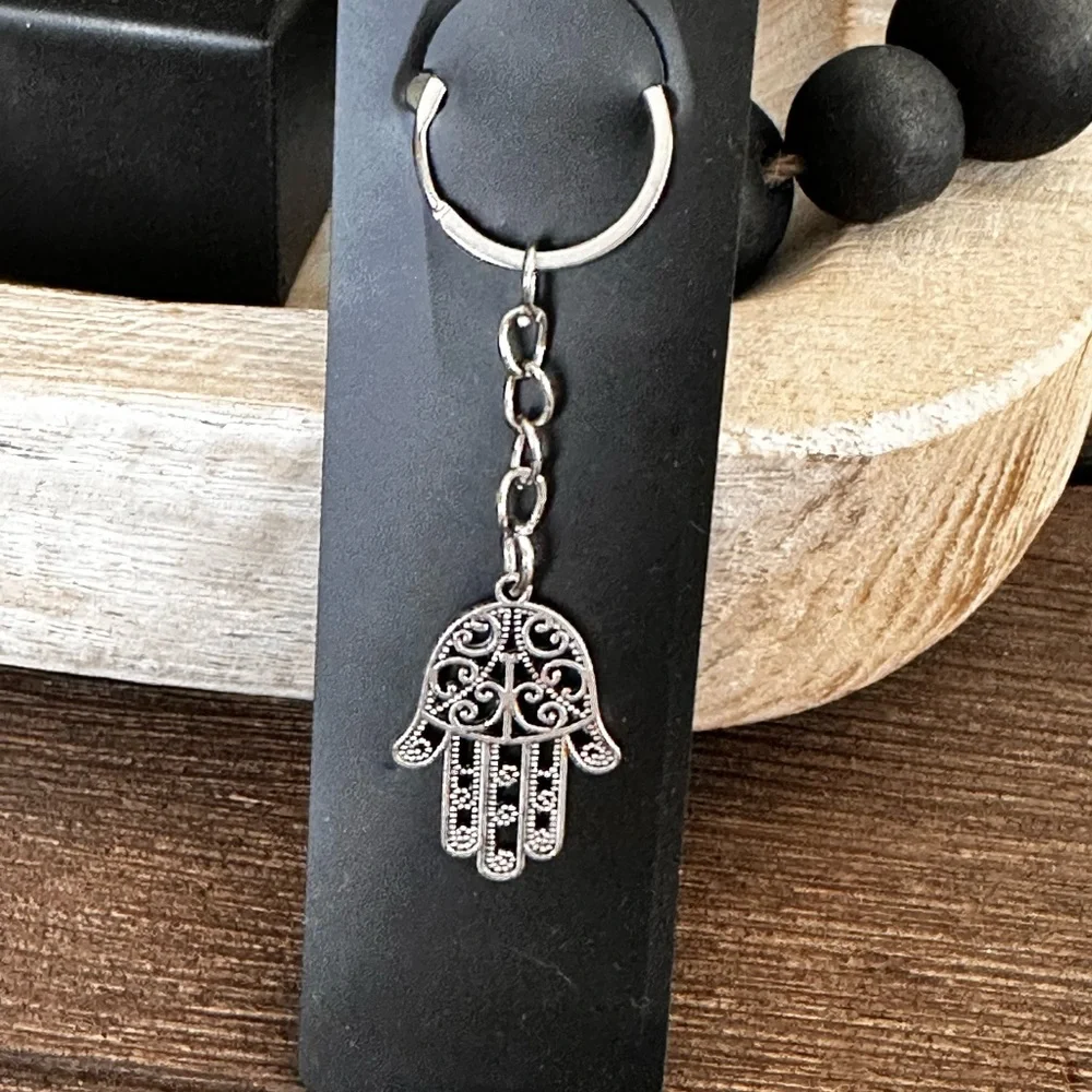 Hamsa hand keychain bag charm silver intricate metal dangling